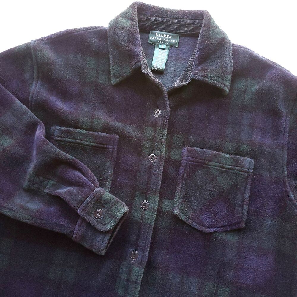 Vintage Lauren Ralph Lauren Fleece Shirt Jacket Womens S Plaid Button Up Retro